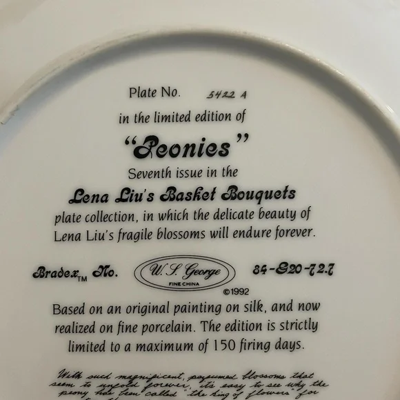 Lena Liu Vintage Limited Edition Plate Collection “Peonies” - Picture 6 of 6
